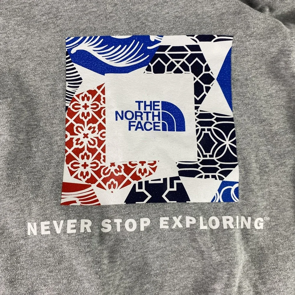 North Face Hoodie Mens Medium Gray Pullover Sweatshirt Never Stop Exploring Logo